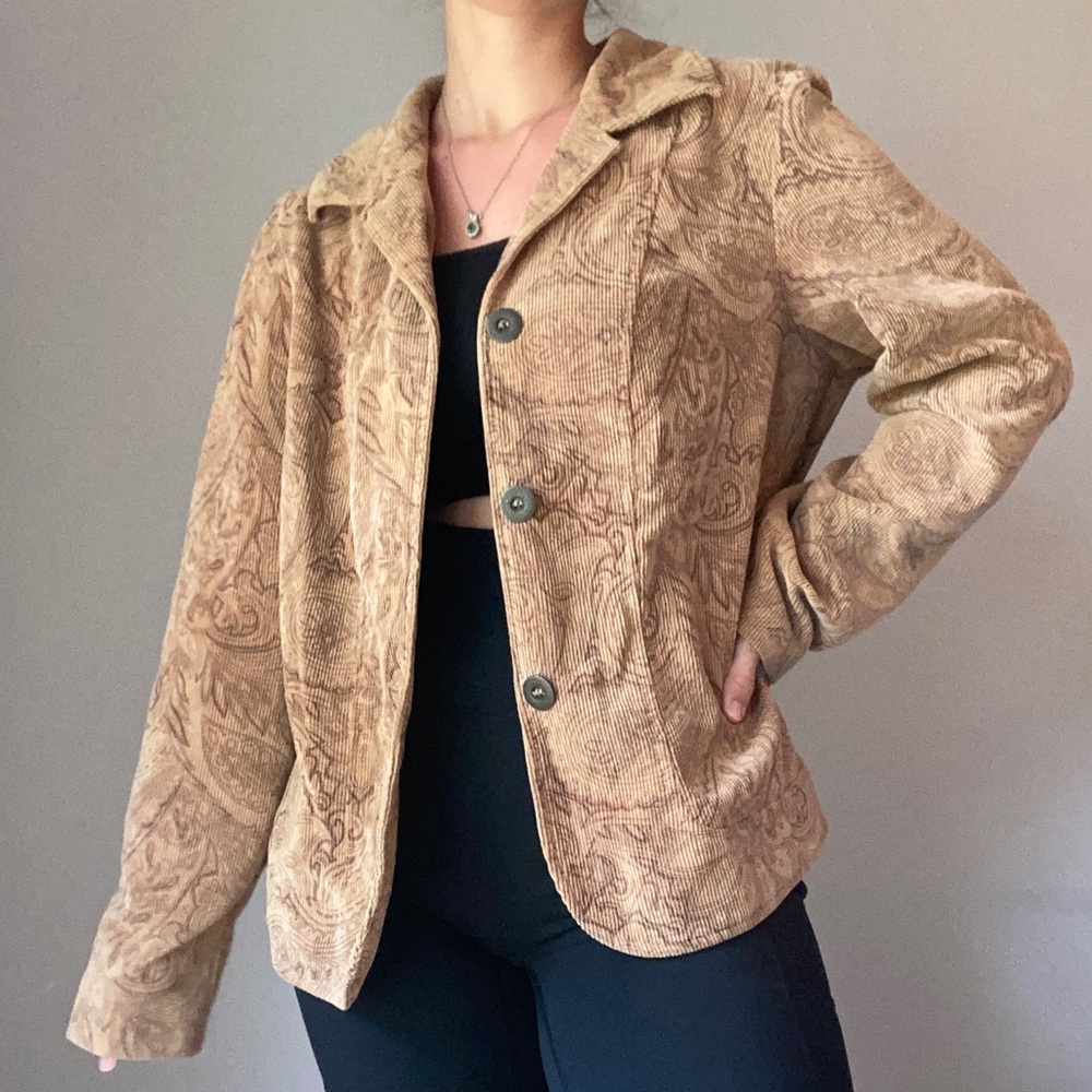 Vintage Tan Corduroy Fitted Paisley Patterned Blazer Jacket